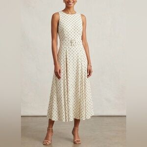 Vintage Jane Singer Cream & Green Polka Dot Midi Dress Cream Sleeveless